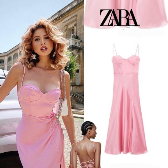 Zara Dresses & Skirts - Zara Pink Satin Sleeveless Halter Cross Back Tie Dress Size XS Midi Slip Dress